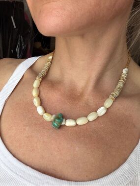 Vintage Handmade puka shellCream Bead Necklace with Turquoise Accent